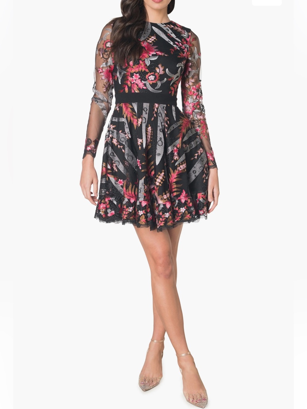 Dress the Population Alora Floral A-line Mini Dress Sz M Black Embroidery